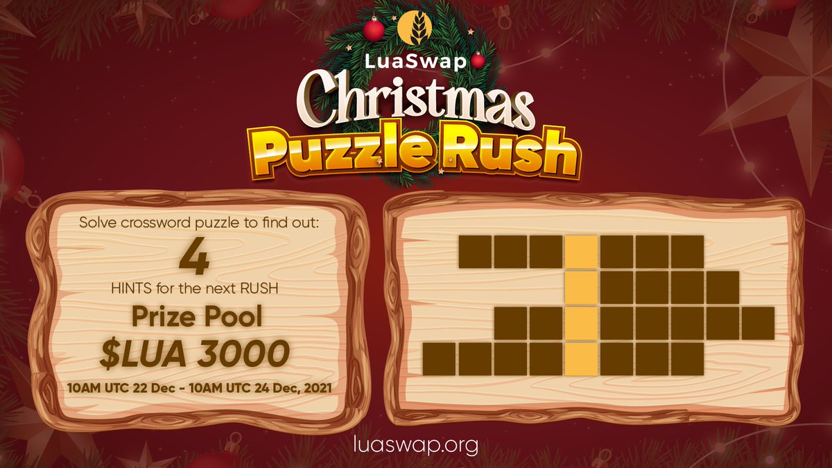 LuaSwap's tweet photo. Join @LuaSwap this special holiday to earn yourself some exclusive goodies!🤶

🎁3000 $LUA for 10 lucky winners who

⚡️Like + RT👇
⚡️Provide the correct answer to 4 clues AND the final hint in yellow in your retweet 

⏰10AM UTC 22 Dec - 10AM UTC 24 Dec, 2021

Questions below 👇 https://t.co/96NP9skxAC