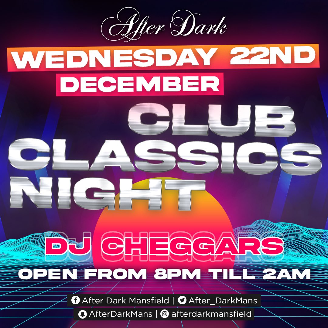 AD_Mansfield's tweet photo. We have a good 😊 Wednesday night for you tonight!

Cheggers smashing out the anthems from all decades including Christmas 🎄 ones!

Giveaways, tunes and some fantastic offers for Christmas 🎄 Wednesday 

Love After Dark 😍

#notts #mansfield https://t.co/zrQohcPOSW