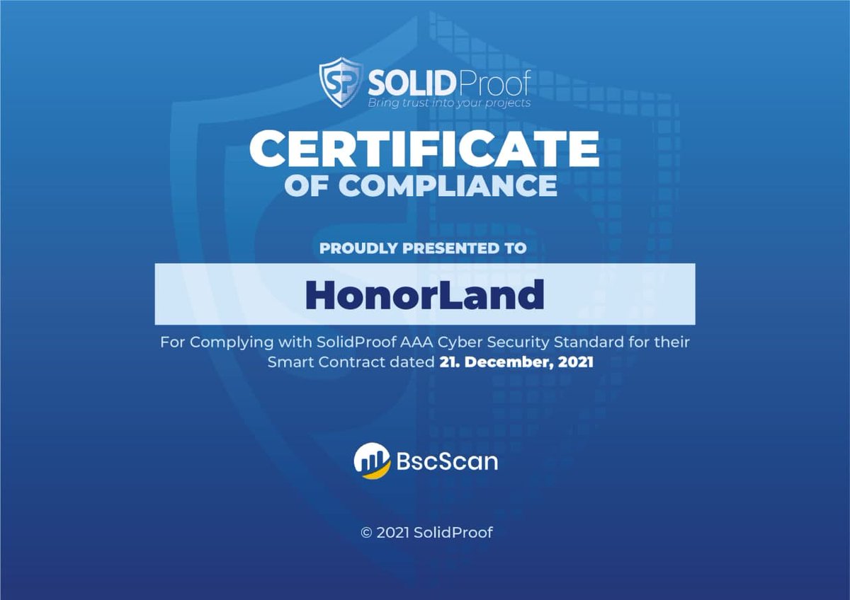 HonorLandGame's tweet photo. 🌟 We are pleased to announce that HonorLand has completed audit by SolidProof.  

📑 HonorLand's smart contract Audit Report：https://t.co/G8UyBBLajP

🛡 SolidProof verified that HonorLand is safe. We can join HonorLand game without worrying about the contract security! https://t.co/fZ4AQpGqNg