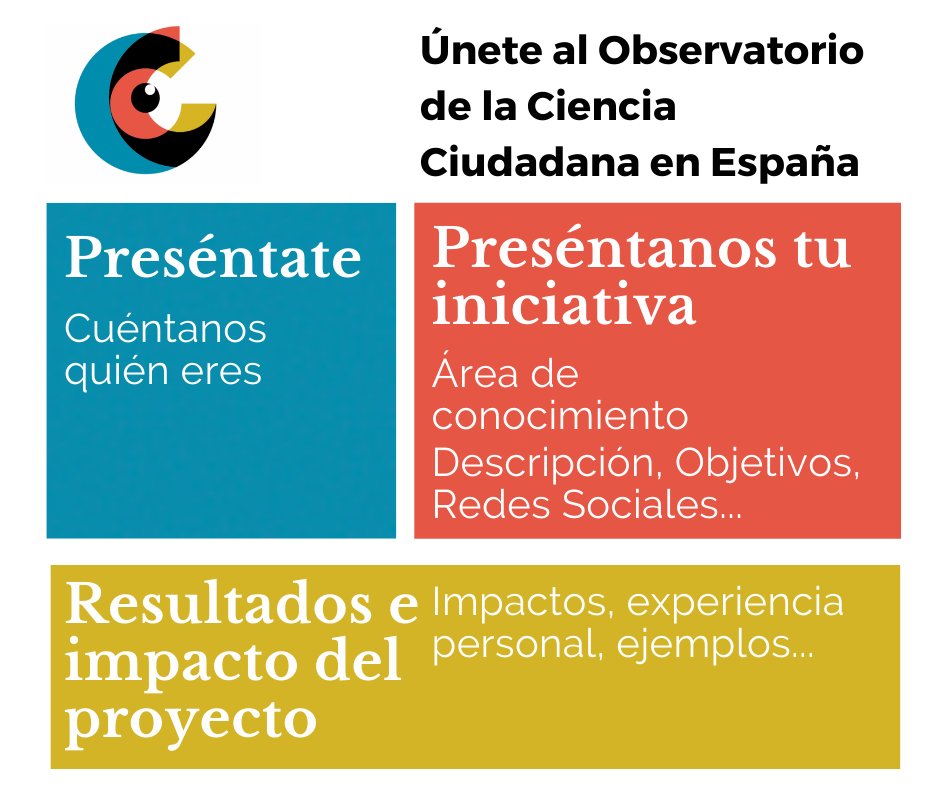 ¿Formas parte o representas a un proyecto de #cienciaciudadana? 

¡Cuéntanoslo!

Solo tienes que:

 ✅ Presentarte 
 ✅ Presentar la iniciativa 
 ✅ Resultados del proyecto 

Te dejamos el link para unirte ➡️ ciencia-ciudadana.es/formulario-de-…