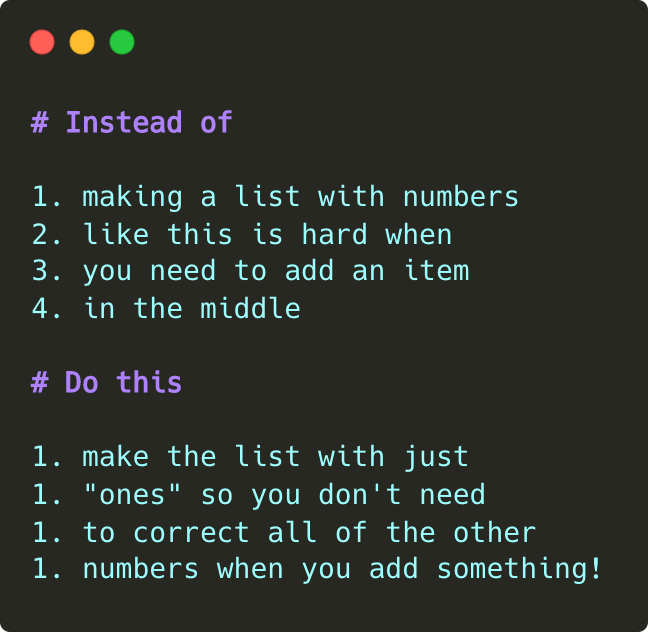 Number markdown lists with `1.` rather than the actual number