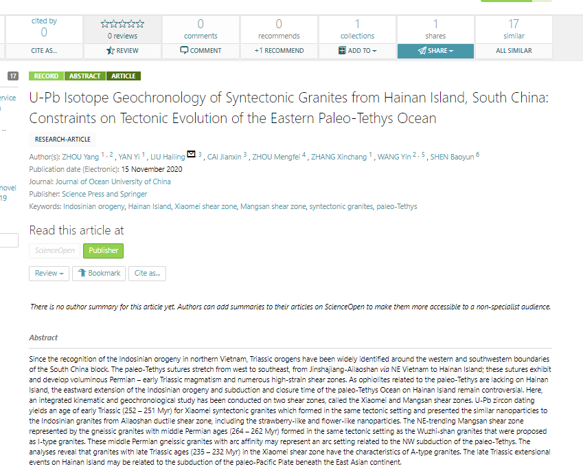 JOUChina's tweet photo. 'U-Pb Isotope Geochronology of #Syntectonic Granites from Hainan Island, South China: #Constraints on Tectonic Evolution of the Eastern Paleo-Tethys Ocean' an article on #ScienceOpen: https://t.co/IJp7srn6K7 https://t.co/C72criRiWI