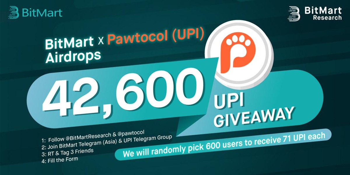 BitMartResearch's tweet photo. 🎁BitMart X Pawtocol airdrops

1⃣Follow @BitMartResearch &amp; @pawtocol
2⃣Join Telegram https://t.co/ba8uIcH9ww &amp; https://t.co/N6aHRqKKSL
3⃣RT &amp; Tag 3 friends
4⃣Fill out:https://t.co/2ucMnWs1IE

🥳𝟔𝟎𝟎 lucky winners split 𝟒𝟐,𝟔𝟎𝟎 UPI
⏰12/24/21 4AM - 01/08/22 4AM (EST) https://t.co/ETPdRGGOjf