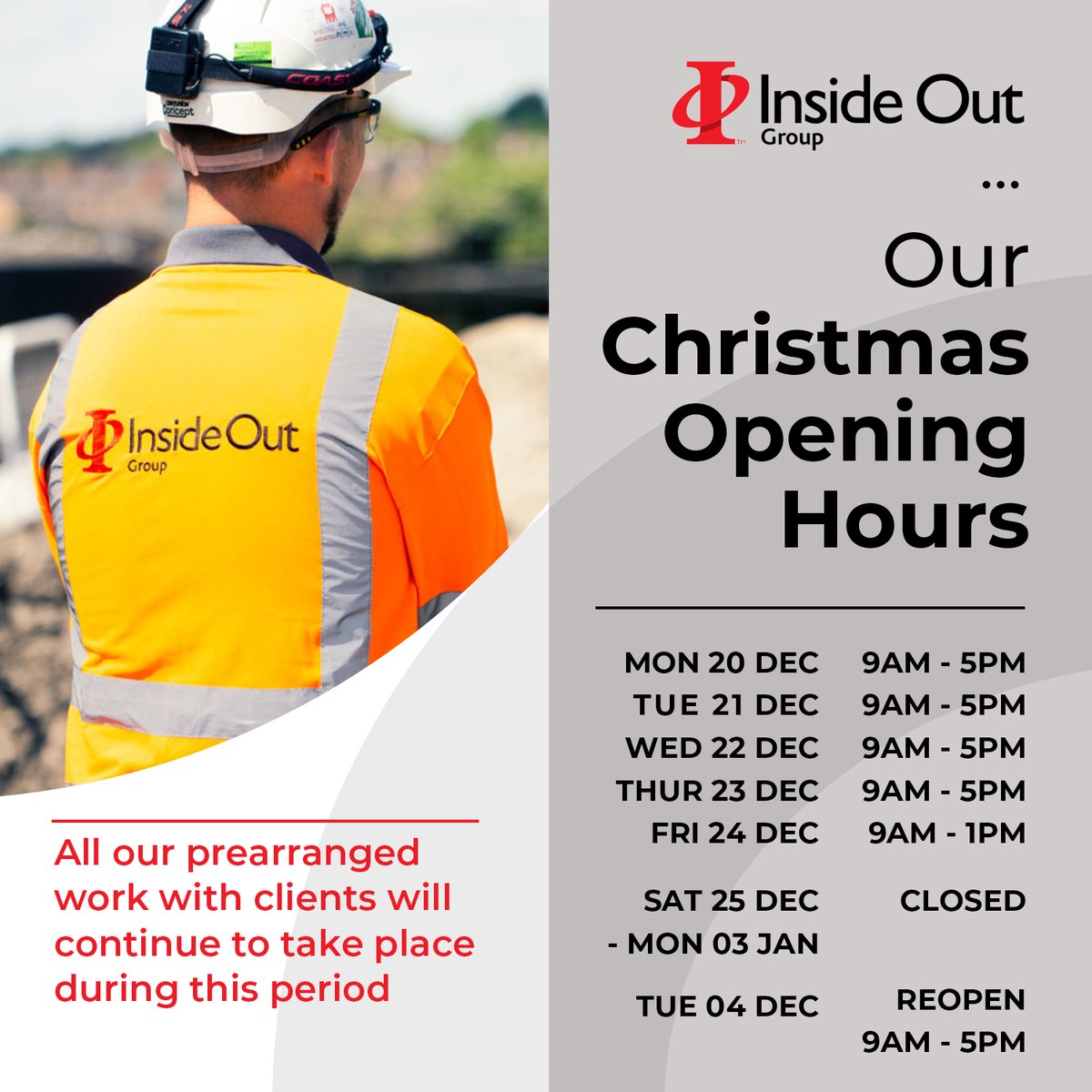 Our Christmas opening hours 🎅 all prearranged work with clients will continue to take place during this period.