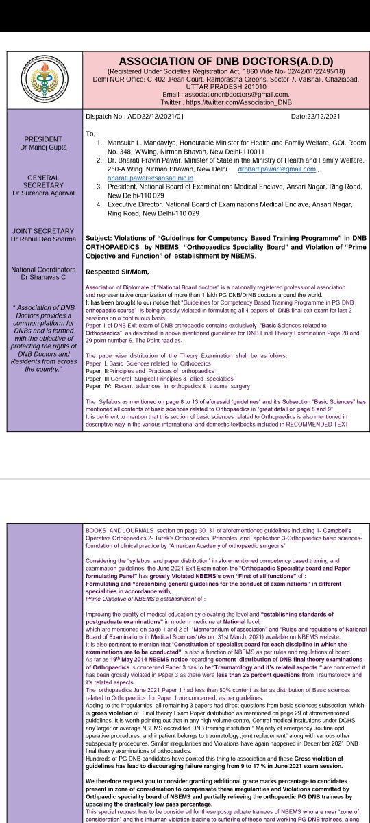 Association_DNB's tweet photo. "Representation Alert" Urgent intervention by @DghsIndia and @mansukhmandviya required for the GROSS VIOLATION OF GUIDELINES  by"Orthopaedic Speciality board" of @NBEMS_INDIA leading to alarming failure rate of PG DNB trainees @RemaNagarajan @EduMinOfIndia @DrBharatippawar @ndtv https://t.co/vczs3vfv73