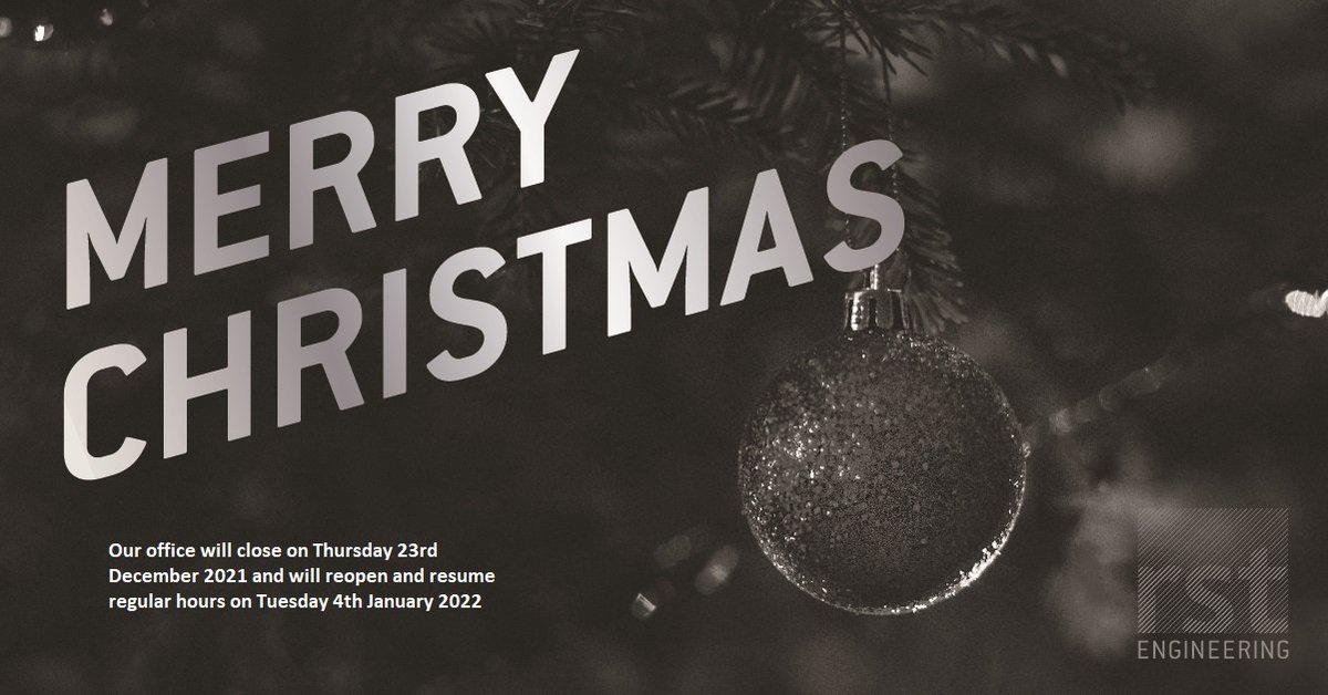 RSTEngineering's tweet photo. #MerryChristmas from all of us at RST.

We'll be closing our office on Thursday 23rd December 2021 and reopening on the 4th January 2022

Have a great new year! 

https://t.co/sfzHlMjBm0

#christmasshutdown #precisionengineers #backinthenewyear https://t.co/kYcn9zGnZp
