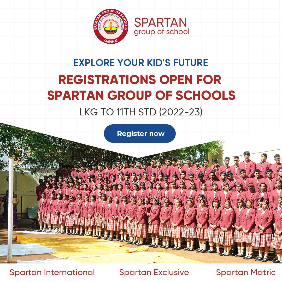 SchoolsSpartan's tweet photo. In providing top class education, we're shaping the next generation of learners.
Register your child in Spartan to be a part of this movement.
#SpartanGroupofSchools #SpartanSchools #SpartanExclusive #SpartanInternational #SpartanMatric #ChennaiSchool #Register #RegistrationsOpen https://t.co/I3giqGNORW