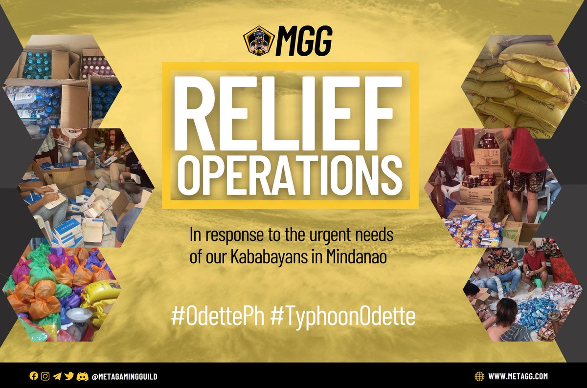 MetaGamingGuild's tweet photo. #OdettePh: MGG Sends Help to Typhoon-Hit Areas in Mindanao🙏🏻♥️🇵🇭

🪐MetaGaming Guild with the help of AGU &amp; MGG volunteers, initiated relief operations in response to the urgent needs of our Kababayans

🤝Our prayers&amp;sympathy goes every Filipino who were affected by #Odette🙏🏻🇵🇭 https://t.co/EQfVZ49W7n