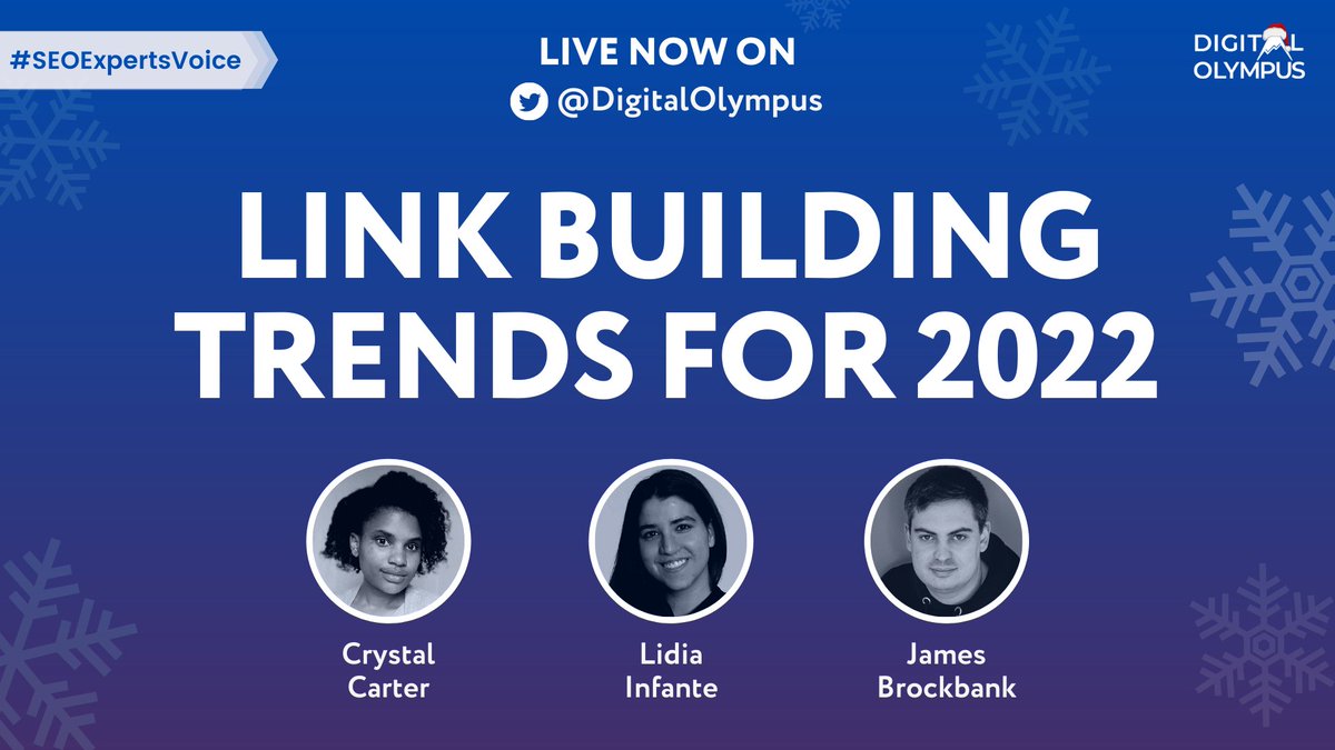 DigitalOlympus's tweet photo. 🎉 WE ARE LIVE 🎉

Welcome to this year's final episode of #SEOExpertsVoice chat! Today the experts will discuss Link Building Trends For 2022

🗣️ @LidiaInfanteM
🗣️ @BrockbankJames
🗣️ @CrystalontheWeb

Join the chat and let us know what you think below 👇

#linkbuilding #SEO https://t.co/X8gyF6aAT3