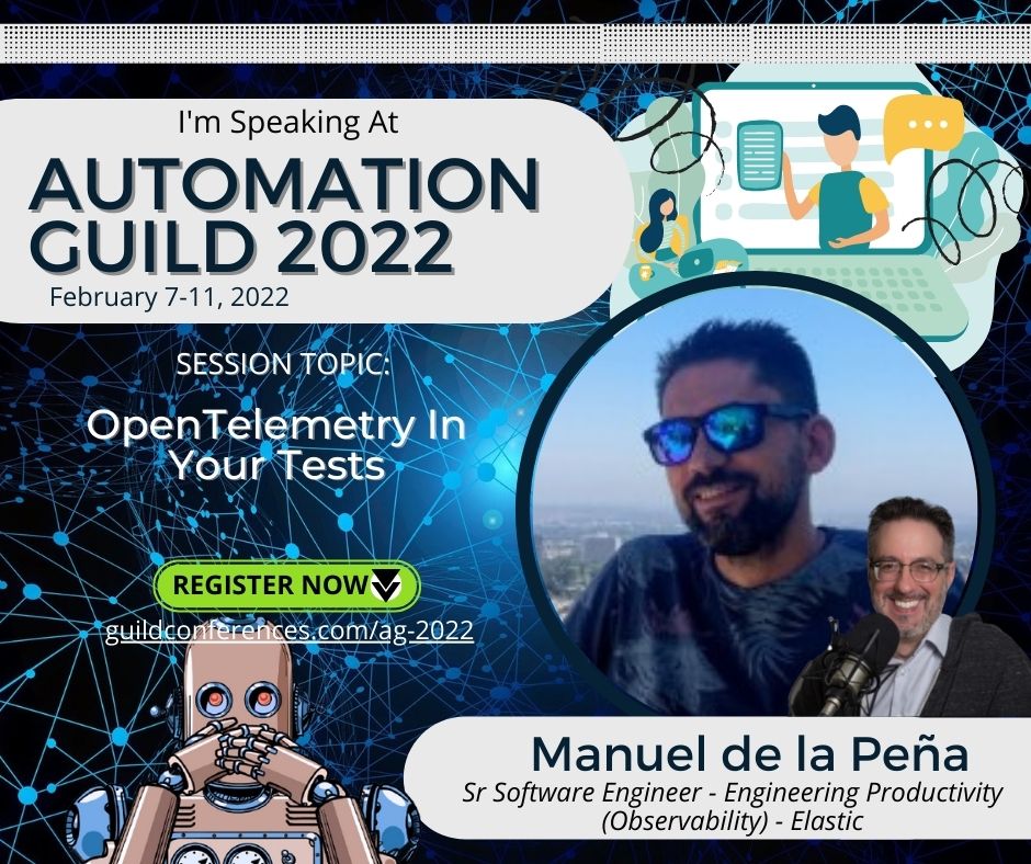 mdelapenya's tweet photo. The stage is set for Automation Guild 2022! I will be speaking at this online conference about "#OpenTelemetry in your tests". Sign up now! 👉 https://t.co/S6lePj1DuY

#automationguild2022 #ag2022 #testautomation #automationtesting #testautomationconference https://t.co/zFvePc9c4b