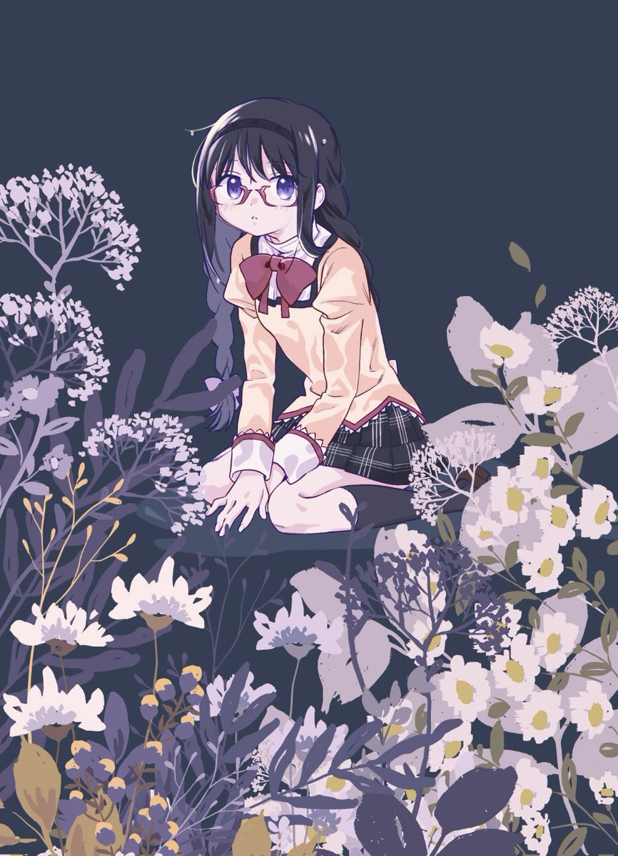 akemi homura 1girl mitakihara school uniform flower skirt long hair solo black hair  illustration images