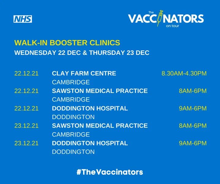 Cambridgeshire friends walk in booster vaccines available today and tomorrow - come see us at Doddington! (Last walk in 5.30pm)