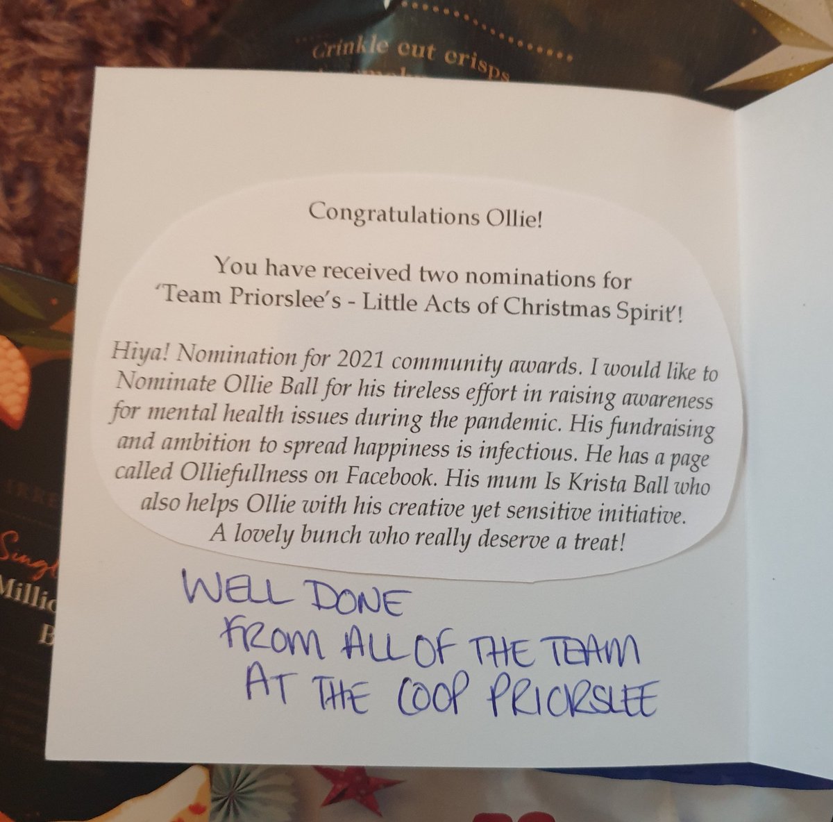 olliefullness's tweet photo. ‘Team Priorslee’s - Little Acts of Christmas Spirit’ I would like to Nominate Ollie Ball for his tireless effort in raising awareness for mental health issues during the pandemic. His fundraising and ambition to spread happiness is infectious. #mentalhealth #givingback https://t.co/TxC5MqvbVC