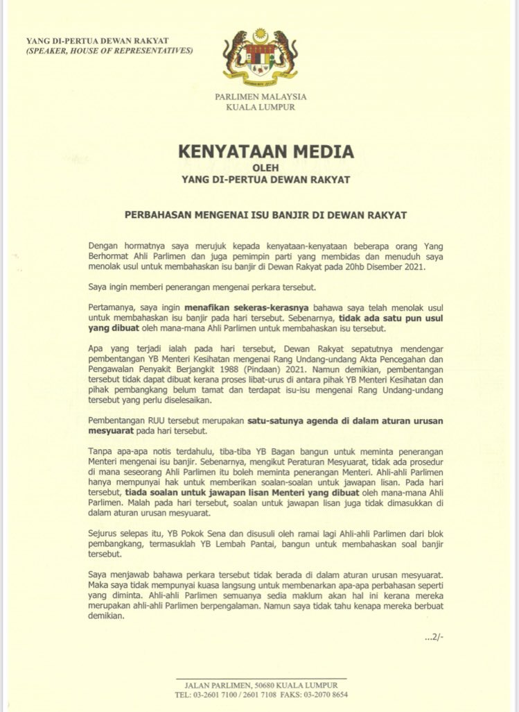 MYParlimen's tweet photo. Kenyataan Media YB Tan Sri Azhar Azizan Harun, Yang di-Pertua Dewan Rakyat Berkaitan Perbahasan Mengenai Isu Banjir Di Dewan Rakyat.

Parlimen Malaysia
22 Disember 2021 https://t.co/OI1xwnBAMl