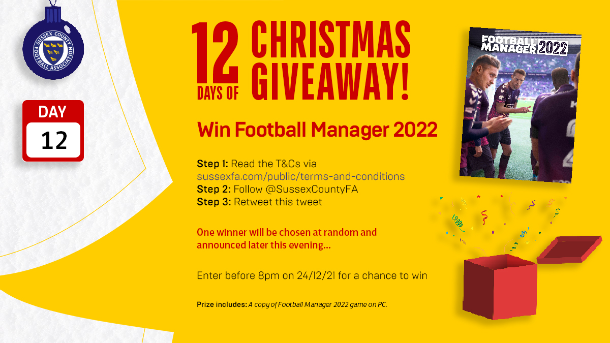 🎅 12 days of Christmas GIVEAWAY 🎄

DAY 1⃣2⃣ - Let's finish big shall we?! Win <a href="/FootballManager/">Football Manager</a> 2022! Simply follow us &amp; RT this tweet by 8pm tonight to be in with a chance of winning! 

T&amp;Cs: sussexfa.com/public/terms-a… #XmasGIVEAWAY🎁 #SussexFootball⚽️ #FM22