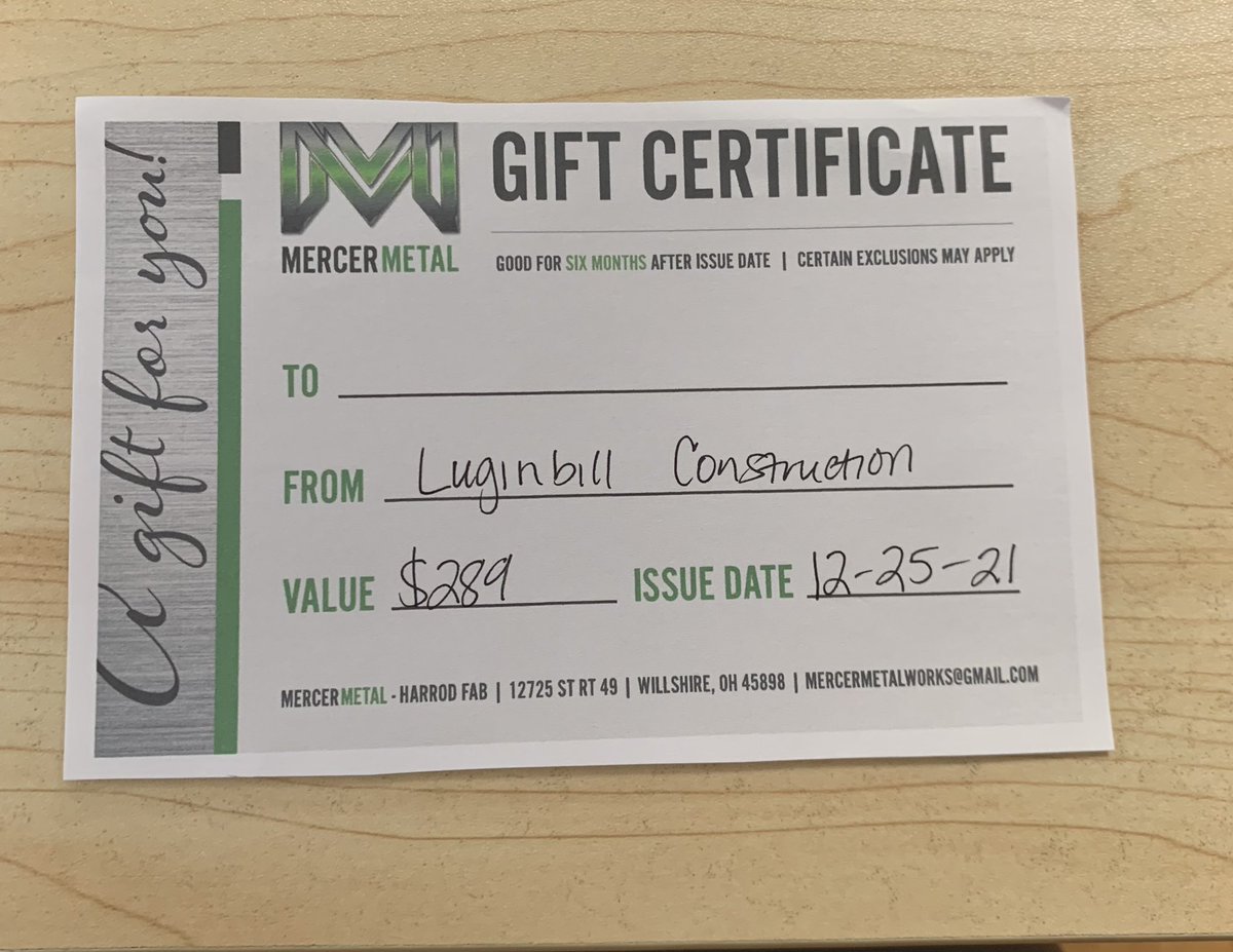 🎁12 Days of giveaways Day 10🎁
🔘 We are giving away 12 gift cards/certificates from local businesses. 
🔘 Day 10 - $289 gift certificate to Mercer Metal. You have until 11:59pm to enter the drawing. 
🔘 To be entered in the drawing you need to like and retweet this tweet.