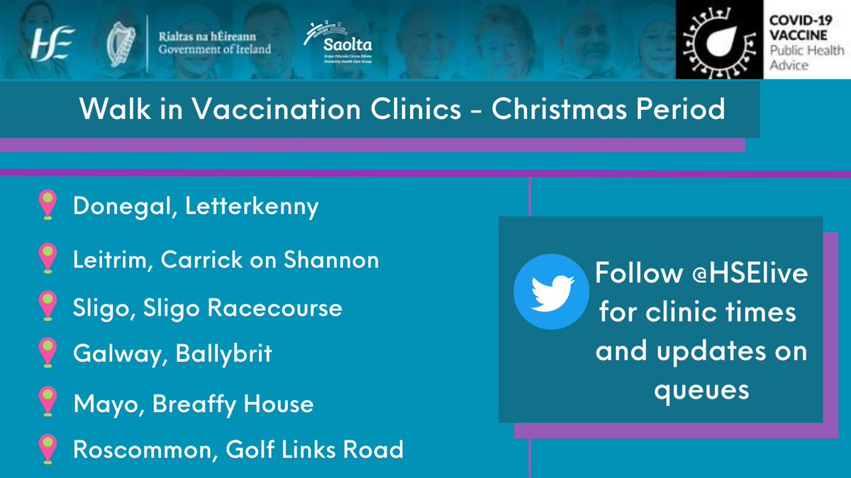 HSE_West_NWest's tweet image. If you have some free time in the days between Christmas and New Year please come along to a #Booster walk-in clinic 

Please follow @HSElive for details and queue times  #ForUsAll