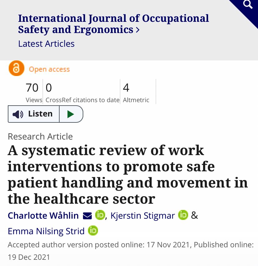 CSWahlin's tweet photo. Pleased that our new publication is available open access. A systematic review of work interventions to promote safe patient handling and movement in #healthcare. Let’s collaborate for Occupational Safety and Health @BuckPhysio @emma_nilsing @wcptOHE👉🏻https://t.co/87ZHB7Vft5 https://t.co/Kon4Ty0G00