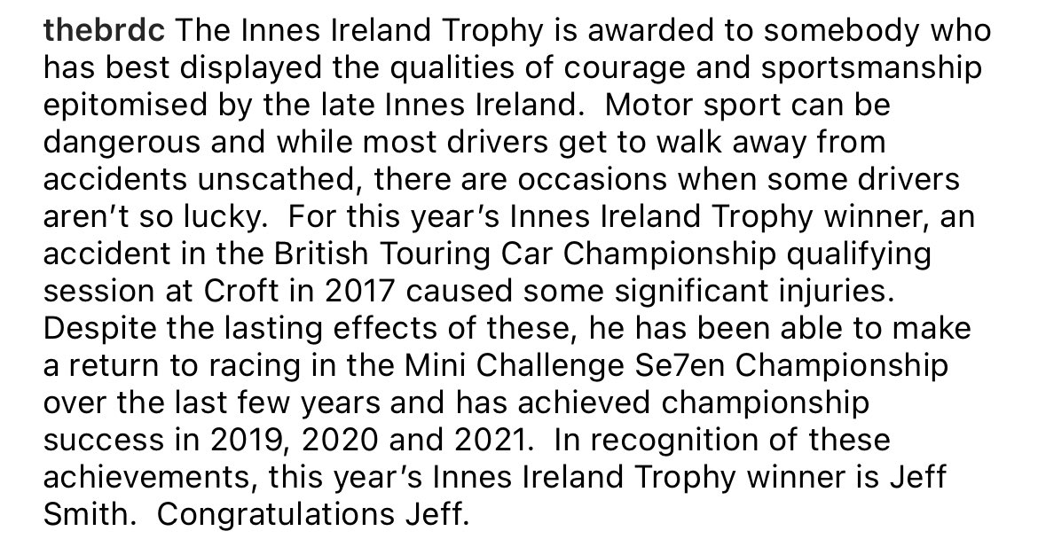 BRDCSilverstone's tweet photo. The Innes Ireland Trophy is awarded to somebody who has best displayed the qualities of courage and sportsmanship epitomised by the late Innes Ireland. This year’s Innes Ireland Trophy winner is Jeff Smith.  Congratulations Jeff.

See full post in images below. https://t.co/BdPDb0xJDp
