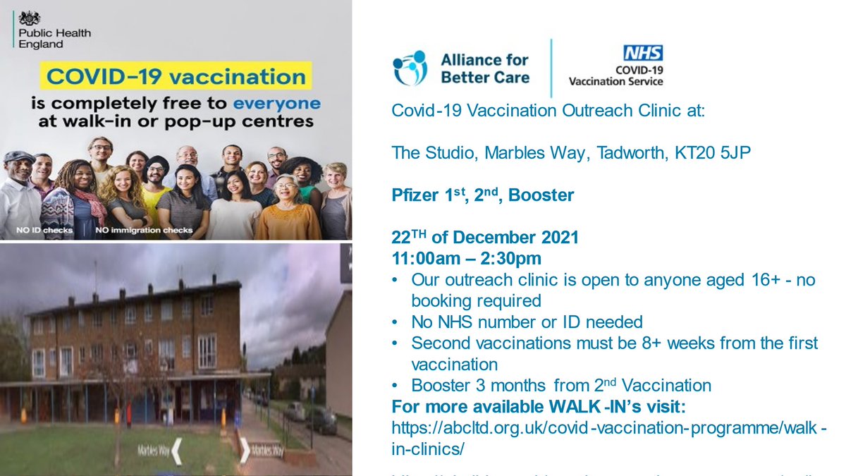 MHewsonPreston's tweet photo. Vaccination pop up clinic at Philomena Dance school, Marbles Way, KT20 5JP 11-2,30pm
1st, 2nd and booster https://t.co/ByWLIago5J
