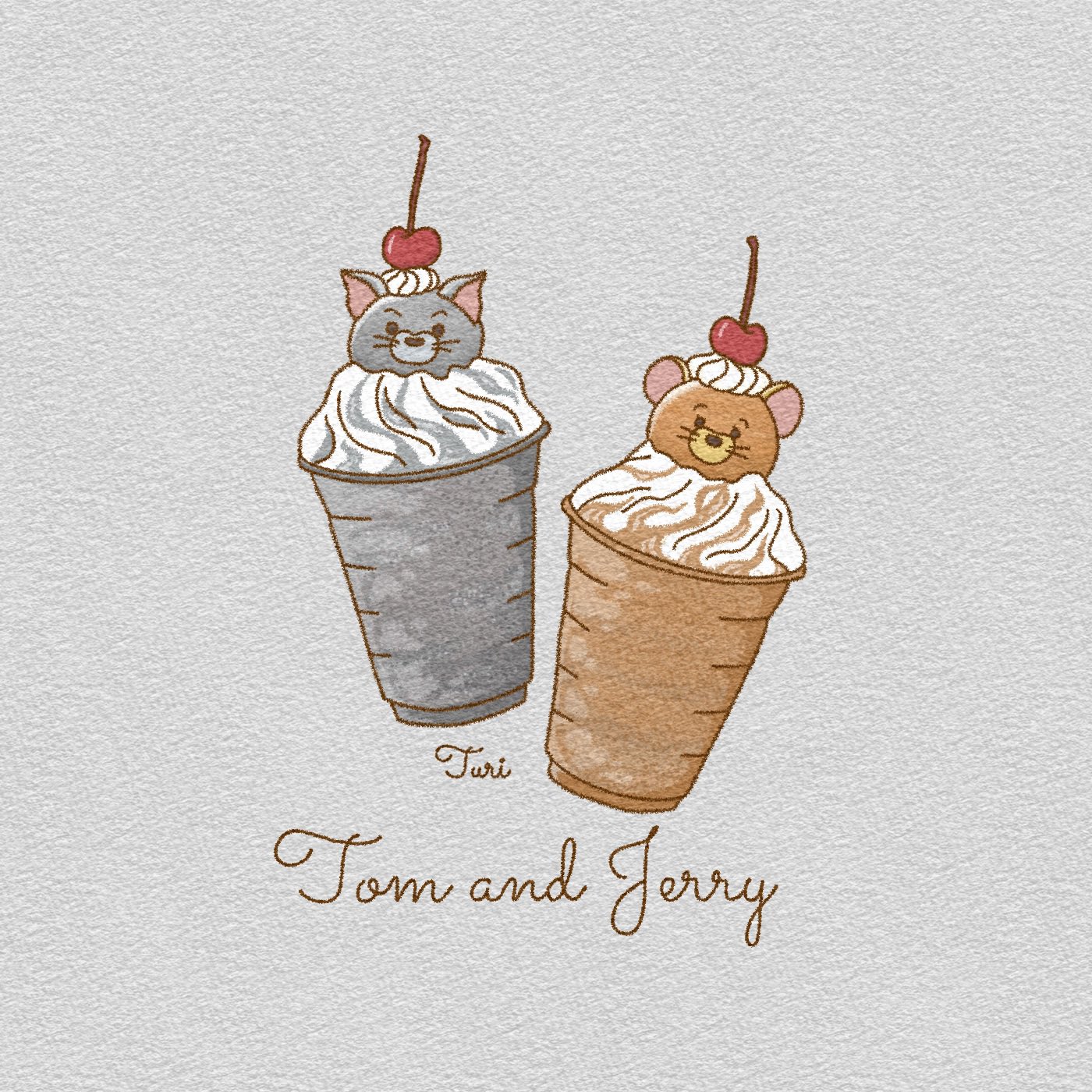 𝚃𝚞𝚞𝚛𝚒 グッズ販売中 トムとジェリーフラペチーノ チェリートッピング 完成しました ご賞味あれ イラスト ゆるい 絵描きさんと繋がりたい アイコン フリーアイコン ゆるいイラスト カートゥーン ゆる絵 フリーイラスト Illustration トム