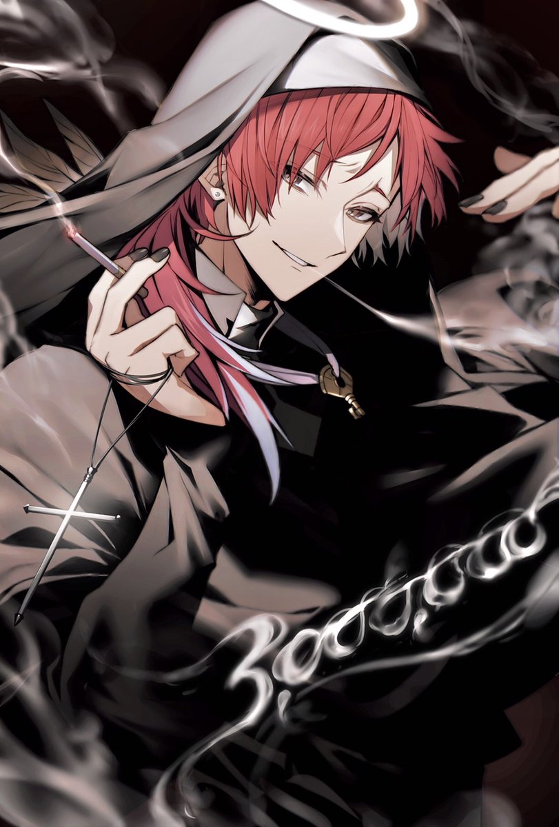 1boy smoke male focus cigarette jewelry red hair black nails  illustration images