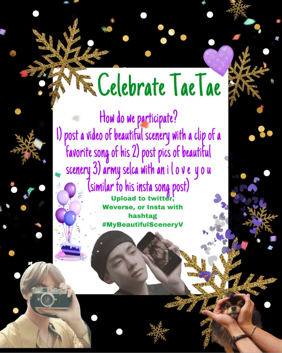 Hearts4BTS7's tweet photo. Hey Hey Hey ! 
Time to celebrate Tae! 
Birthday project for Taehyung 💜So upload for his birthday 🎂💜 If you have any questions please feel free to dm 💜3 different options. Post according to your comfortability💜 https://t.co/bw0zKiG3xw