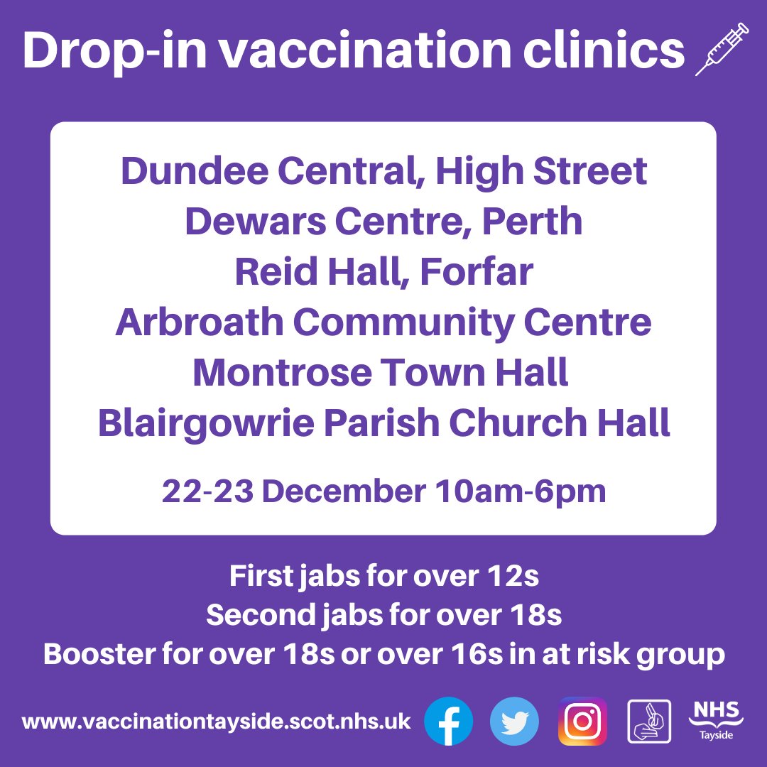 NHSTayside's tweet photo. Here are our festive opening hours for our drop-in vaccination clinics from Christmas Eve until 4 January.  Come along and #GetBoostedByTheBells

There are also appointments across Tayside over the next week which can be booked at https://t.co/QmiFl20UkW or 0800 030 8013. https://t.co/TCZ8JtZhws