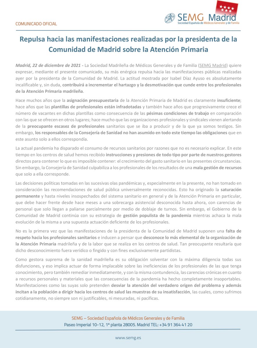 SEMG_ES's tweet photo. "Hace muchos años que la asignación presupuestaria de la #AtenciónPrimaria de @ComunidadMadrid es claramente insuficiente; que las plantillas de 👨‍⚕️👩‍⚕️ están infradotadas y que progresivamente crece el número de vacantes en dichas plantillas por las pésimas condiciones de trabajo" https://t.co/lANE8mDF0T