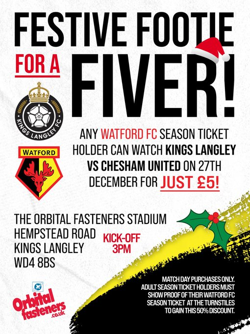 KLFCofficial's tweet image. FOOTIE FOR A FIVER ⚽️

Any @WatfordFC season ticket holder can attend Monday’s festive fixture against @cheshamutdfc for just £5!

Get your tickets now: 
kingslangleyfc.ktckts.com