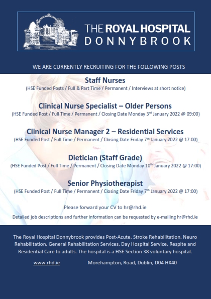 RoyalDonnybrook's tweet photo. We currently have a number of HSE funded permanent positions available across a number of disciplines. 
Clinical Nurse Manager 2
Clinical Nurse Specialist
Staff Grade Dietician
Senior Physiotherapist
Staff Nurses

Further details available on our website https://t.co/3wP0a4qtQZ https://t.co/HPbwGhx1FE