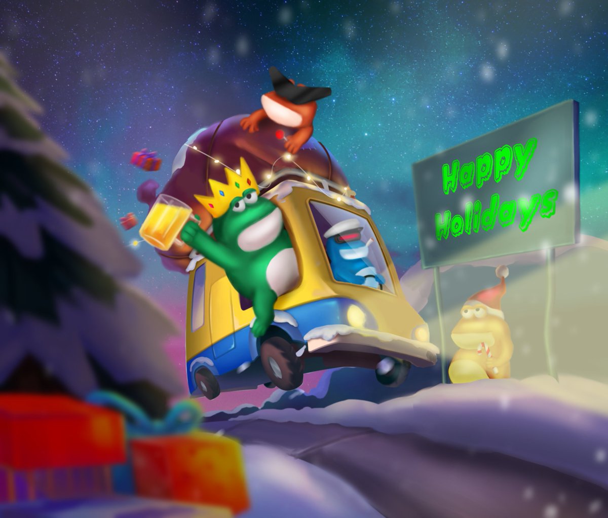 jaqoe_'s tweet photo. My entry for @SwampverseNFT winter drawing competition. I'm a huge, huge fan of the project. #swampversewinter 

Happy Holidays from the Swamp🐸 https://t.co/mZlPjMLgma