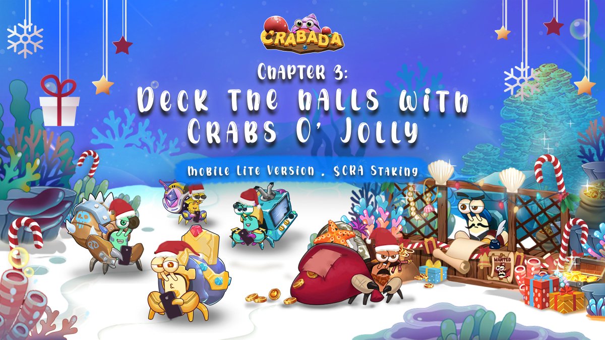 PlayCrabada's tweet photo. CHAPTER 3: DECK THE HALLS WITH CRABS O' JOLLY🎄🦀

Dear Crabadians!

We are thrilled to announce that the Mobile Lite version (Metamask browser support) is now LIVE!📱🎮🔥

Full details (w/ $CRA Staking) 📰
https://t.co/XvqEYEJ5YT https://t.co/hwlyuP5sDy