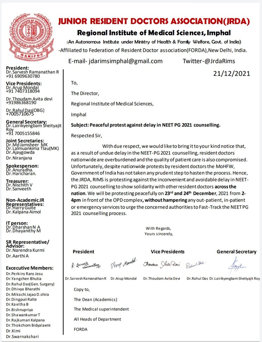 JrdaRims's tweet photo. @JrdaRims organizing a protest against delay in conducting NEET-PG 2021 Counselling in solidarity with @FordaIndia &amp; other RDAs and requesting @MoHFW_INDIA, @PMOIndia, @OfficeOf_MM to take necessary action to expedite the counselling process https://t.co/I8TokMPJlj