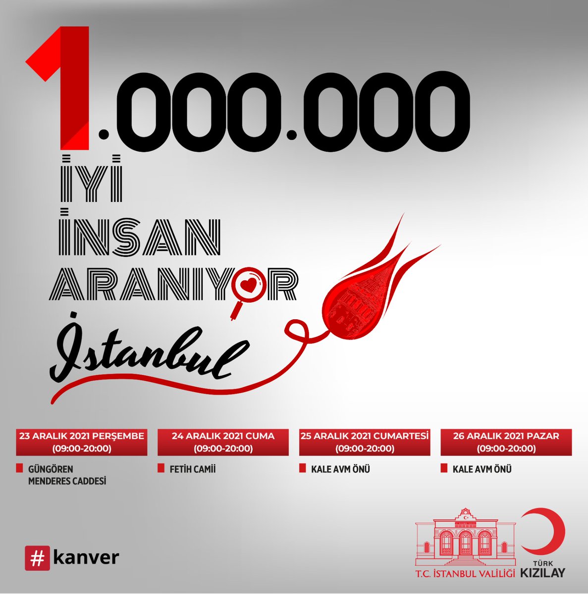 "1.000.000 İyi İnsan Aranıyor"

İstanbul Valiliği ile Türk Kızılayı ortaklığında ilçemizde de 23-26 Aralık tarihleri arasında kan bağışı kampanyası düzenleniyor.