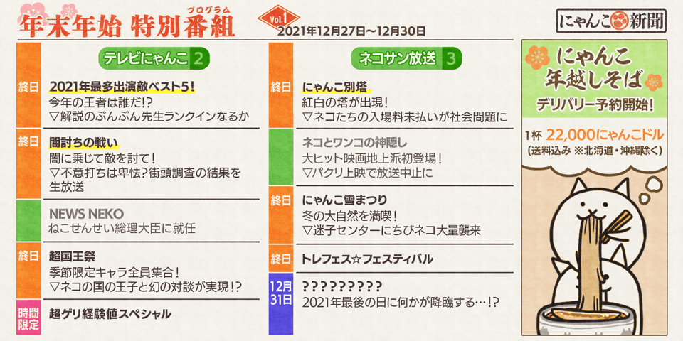 にゃんこ大戦争ついったー担当 ｼﾝﾌﾞﾝﾃﾞｰｽ ノ にゃんこ 新聞朝刊にゃ 今年の年末はどんな特別番組 プログラム があるのかにゃ こたつでぬくぬくチェックにゃ にゃんこ大戦争 T Co Fef3gpdkld Twitter