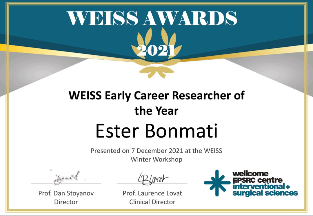 esterbonmati's tweet photo. Beyond happy to end another very challenging year with not just one, but two awards from the @WEISS_UCL centre! 🥳🥳 Thank you!
My work is funded by @wellcometrust @EPSRC and @CR_UK https://t.co/u0NgYqKFlr