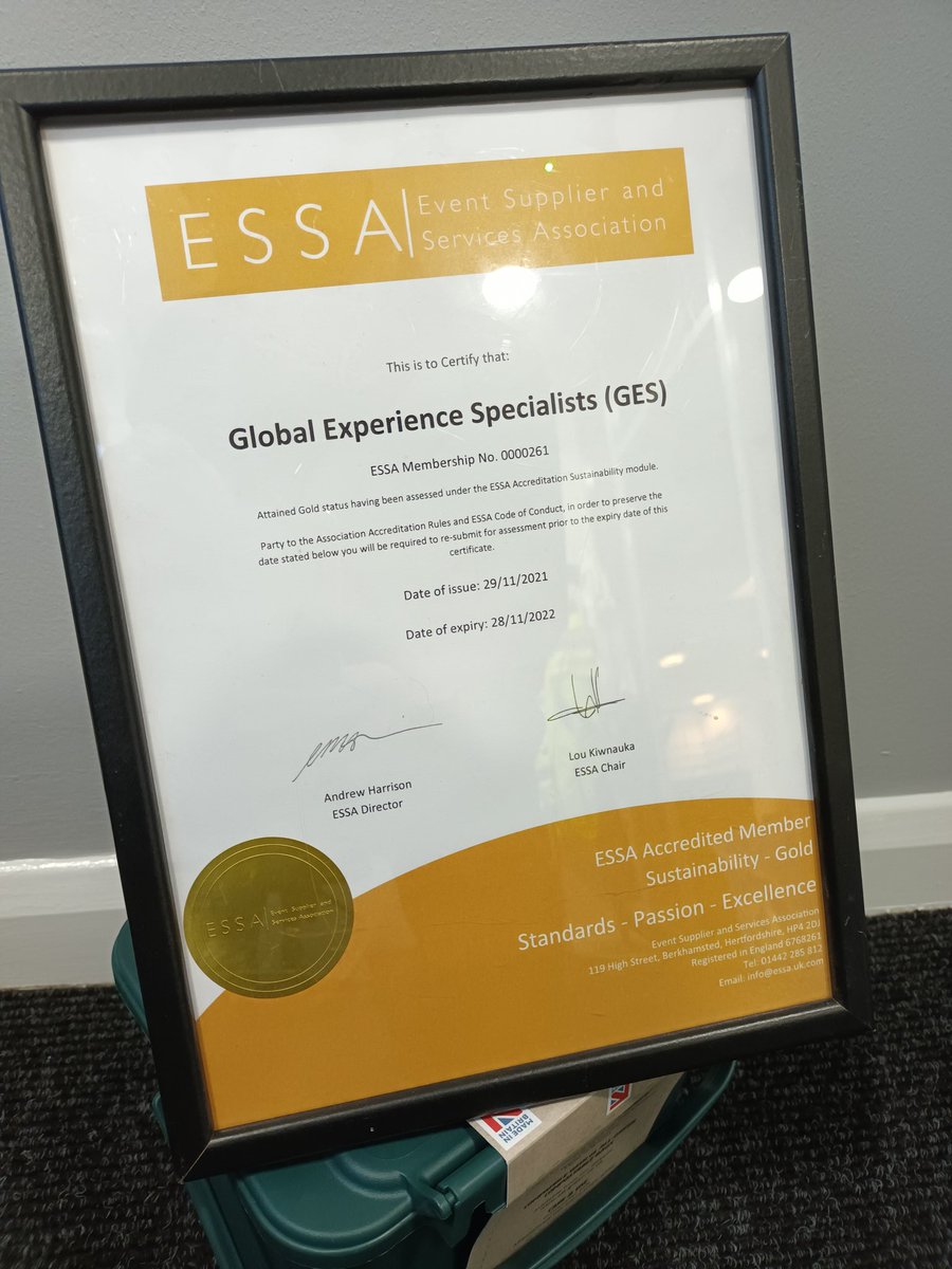 Not a bad way to end a crazy year. Achieving gold leaf through ESSA accreditation scheme.  We have started our Net Zero journey and this was a brilliant way to benchmark ourselves.
<a href="/GES_EMEA/">GES EMEA</a> <a href="/GESGlobal/">GES</a> <a href="/ESSAnews/">ESSA</a> 
#events #Sustainability #GESsustainability