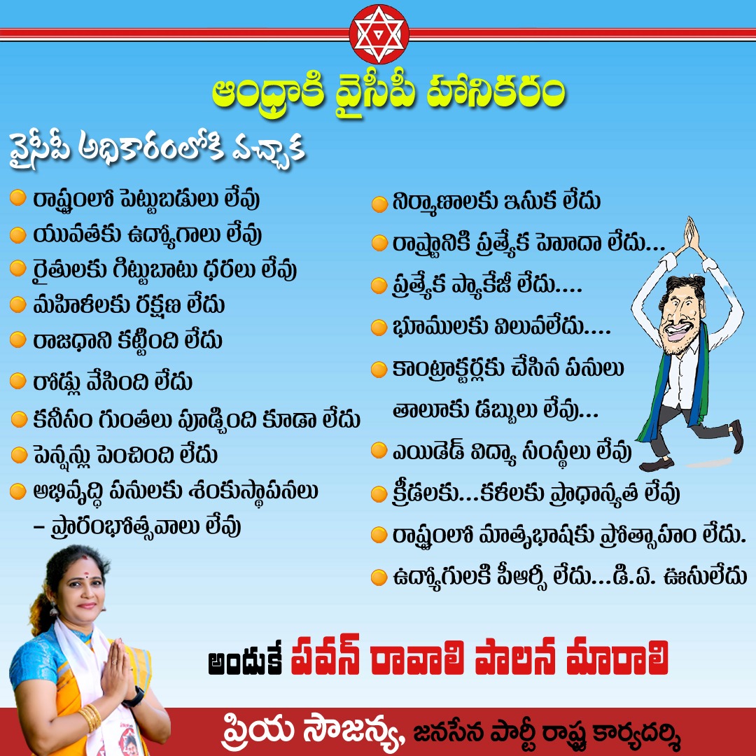 priyaasowjanya's tweet photo. ఆంధ్రప్రదేశ్ కి వైసీపీ హానికరం... 

#YsJaganFailedCM

అందుకే పవన్ రావాలి - పాలన మారాలి

#JSPforNewAgePolitics
#JanasenaParty 

@JanaSenaParty @PawanKalyan https://t.co/cAv5gJG3eM