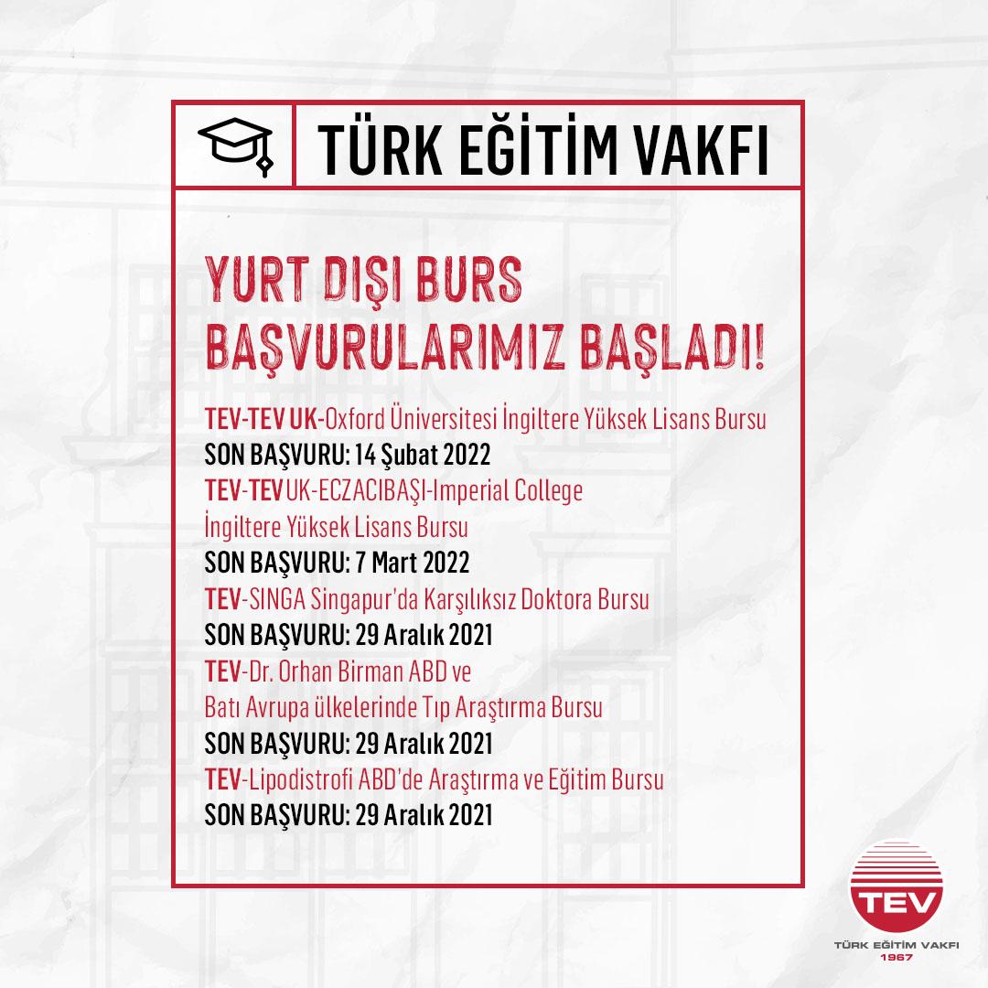 TEVKurumsal's tweet photo. Yurt Dışı Burs Başvurularımız başladı!

İngiltere, Singapur, ABD, Batı Avrupa, Danimarka, Japonya, Almanya, İtalya, İspanya ve Fransa'daki yurt dışı eğitim burslarımızla ilgili detaylı bilgi almak için aşağıdaki linki ziyaret edebilirsiniz.
https://t.co/Fx4kbe5Hat https://t.co/yUCdQ0Oof9