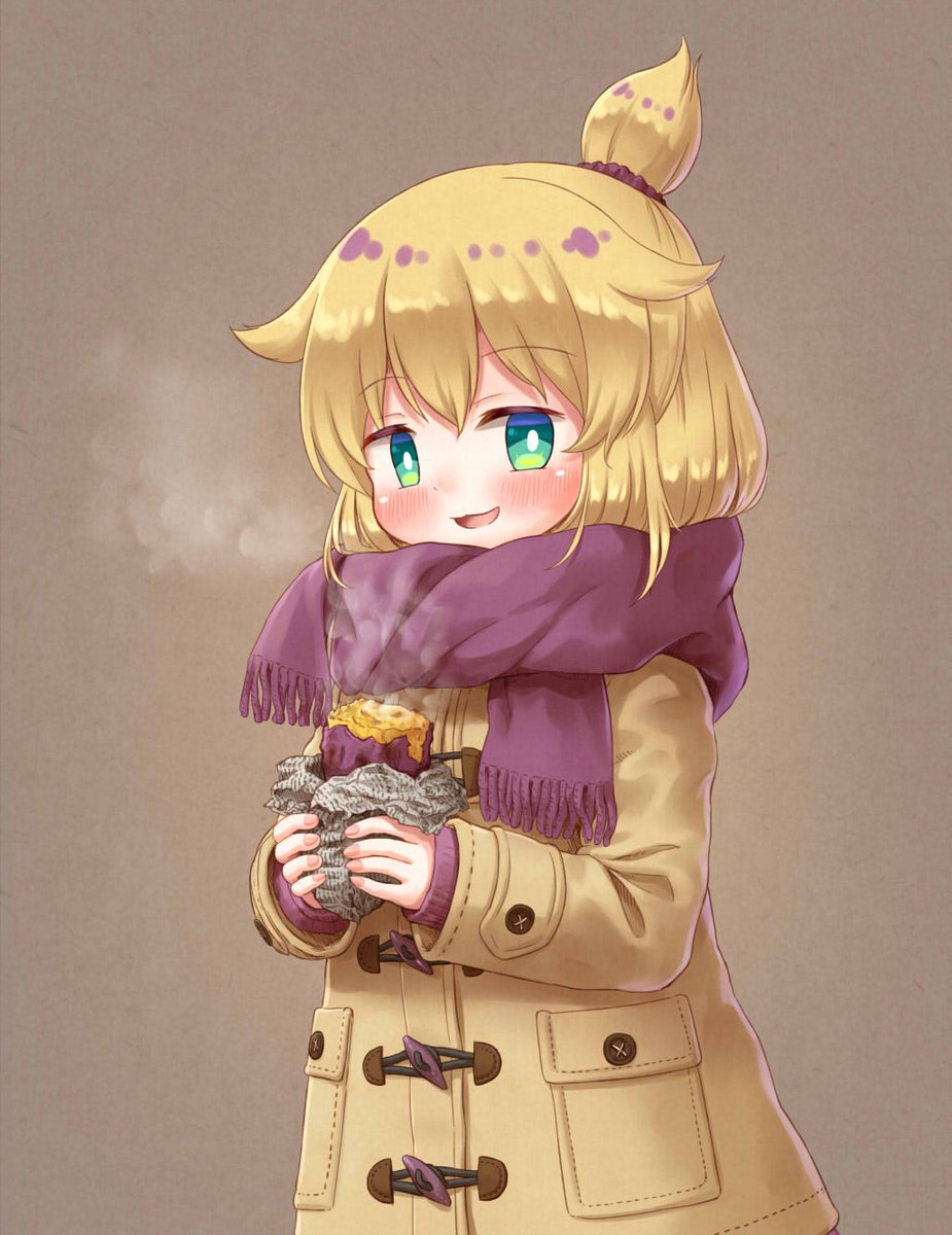 1girl scarf solo blonde hair sweet potato food purple scarf  illustration images