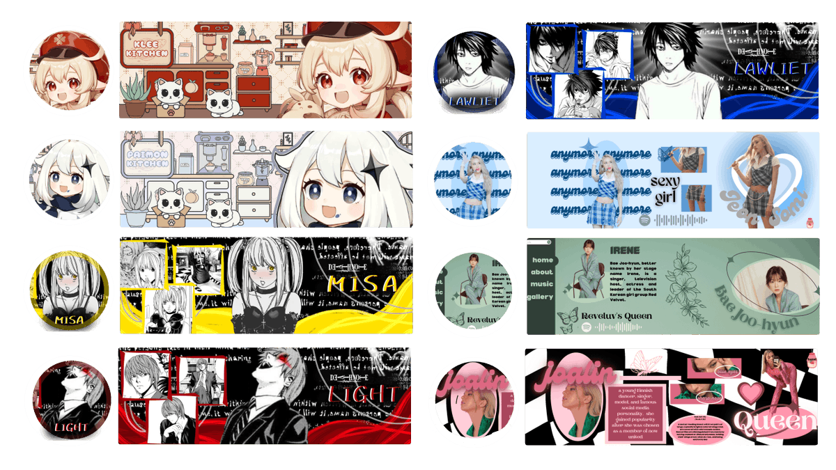 bungeeegm's tweet photo. help retweet please? thank you!

haii! aku ada layout ready stock genshin, anime, dan idol dibawah ini. dengan harga
- paimon &amp; klee: 12k/each
- death note edition: 10k/each
- idol: 10k/each
payment bisa via dana/spay. ava png only yaa!

#zonauang #zonaba
 https://t.co/qV8SPKvDi5