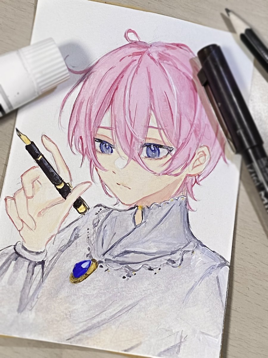 pink hair solo traditional media male focus 1boy blue eyes jewelry  illustration images