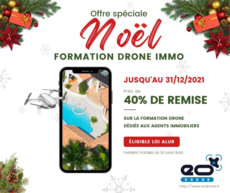 A l’occasion des fêtes de Noël 🎅🏻, bénéficiez d’une remise 🎁 exceptionnelle sur la 1ère #formation #drone 🚁 dédiée aux agents immobilier 🏡 !

C’est près de 4️⃣0️⃣% de remise, pour toute réservation avant le 31 décembre à minuit 🕛 !

eodrone.fr/formation-dron…