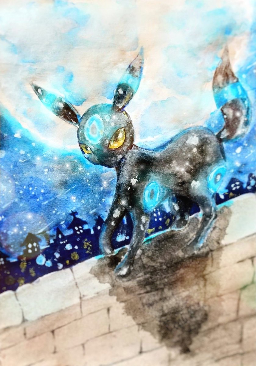 umbreon no humans pokemon (creature) solo yellow eyes traditional media night moon  illustration images