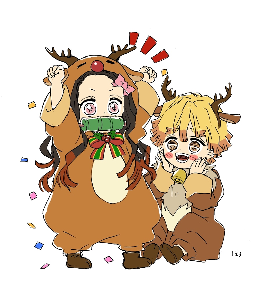 kamado nezuko 1girl 1boy animal costume bit gag blonde hair reindeer costume pink eyes  illustration images