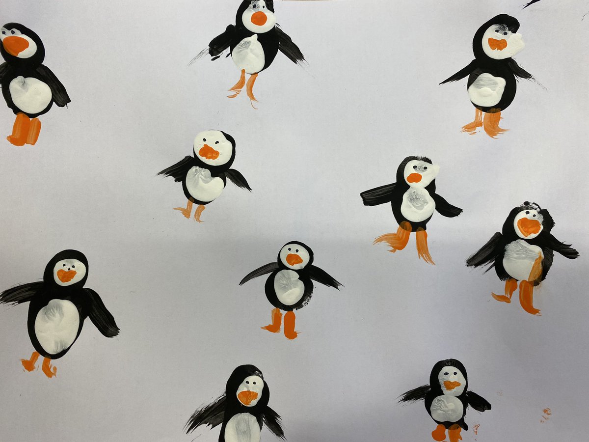 MissLAHarrison's tweet image. P4H @Whitehillsps made these penguins yesterday by finger painting.  They are very cute.  🐧