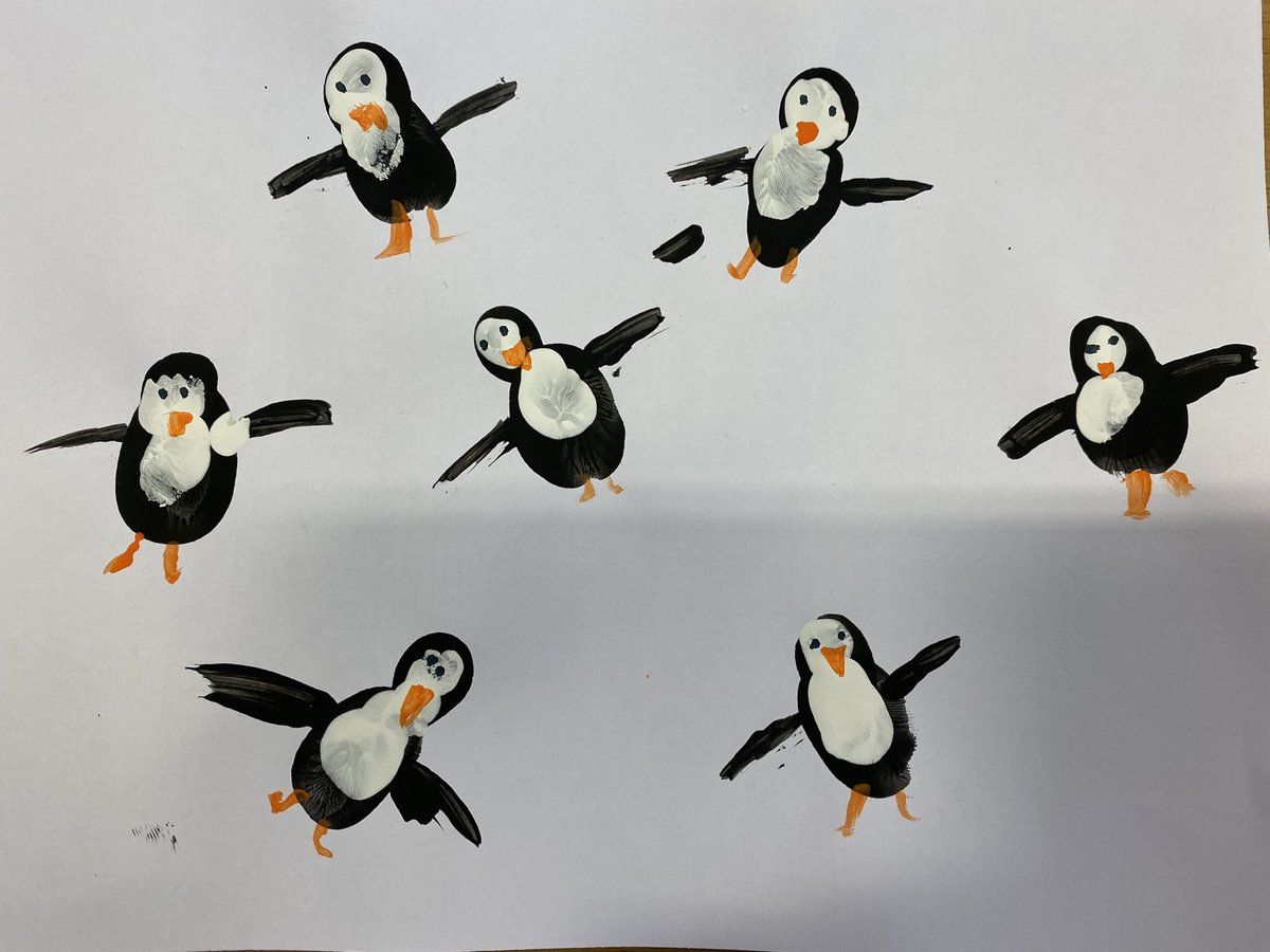MissLAHarrison's tweet image. P4H @Whitehillsps made these penguins yesterday by finger painting.  They are very cute.  🐧