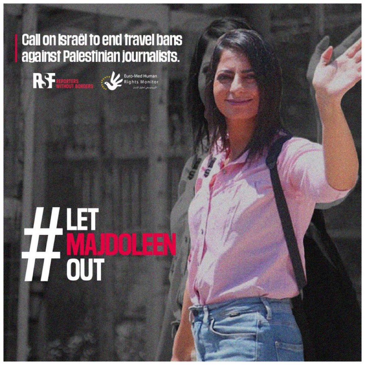 The Israeli intelligence agencies use
case confidentiality as a pretext for maintaining travel restrictions 
against Palestinian journalists in an arbitrary manner
#LetMajdoleenOut
تتذرّع الاستخبارات الإسرائيلية بما تسميه ملفات سرية لتبقي القيود على الصحفيين الفلسطينيين قائمة.