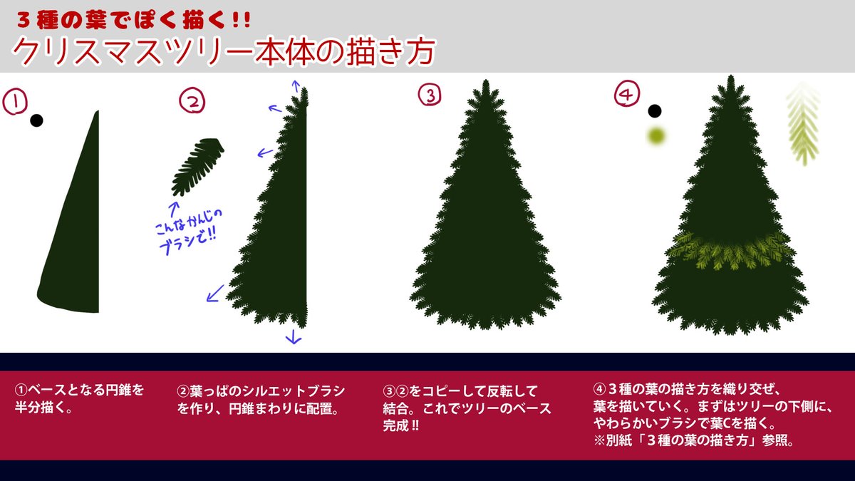 唐揚丸 Illust Live2d 動く背景 V Twitter 自分流楽してぽく描く クリスマスツリー本体の描き方 リアルめなツリーって描くの大変そう って思いがちですが ３種の葉っぱ を使えば手間少なくぽく描けます わりと雑に描いても良い感じに見えるので